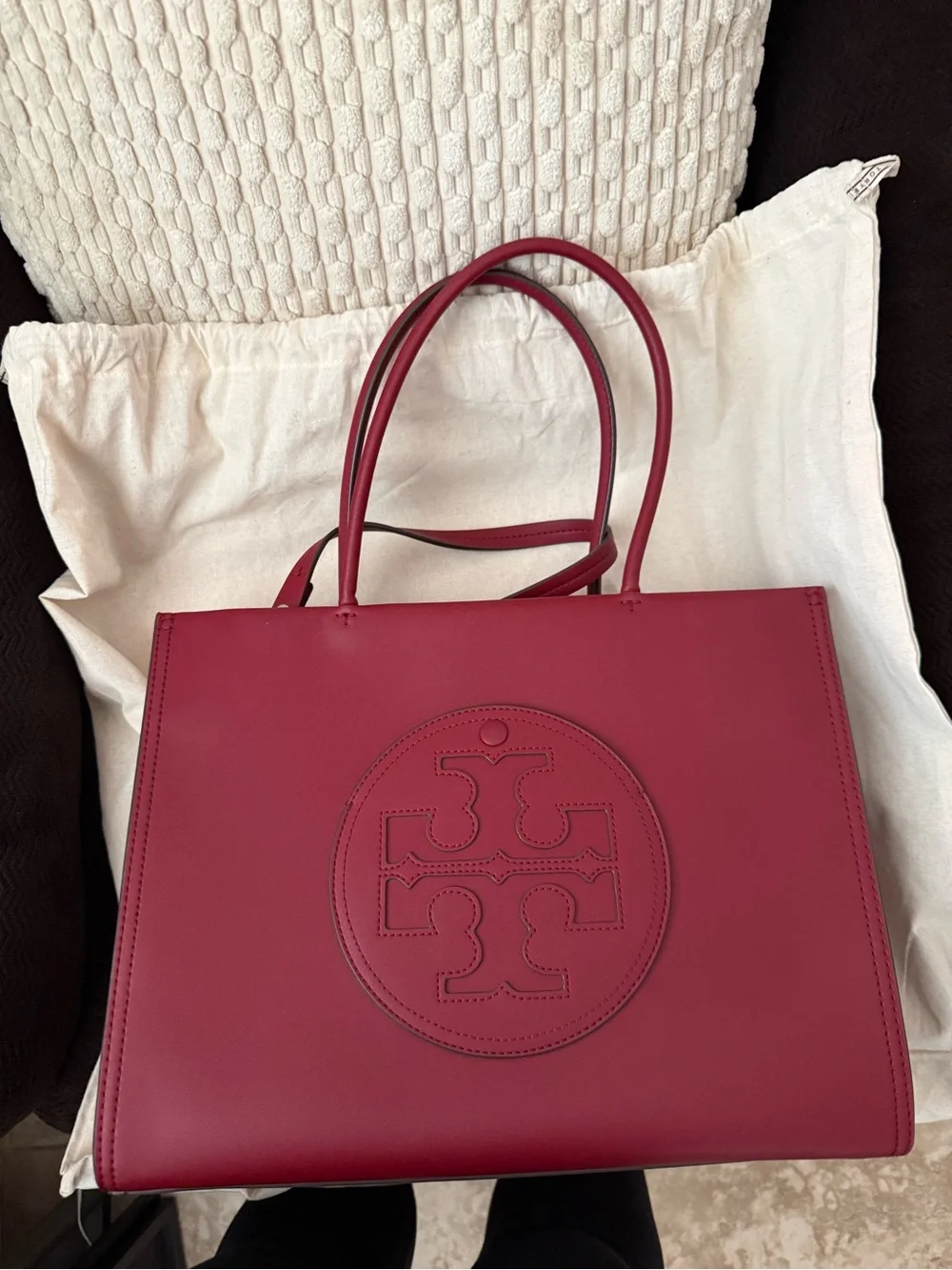 Tory Burch Deep Berry Leather Tote with Logo Medallion